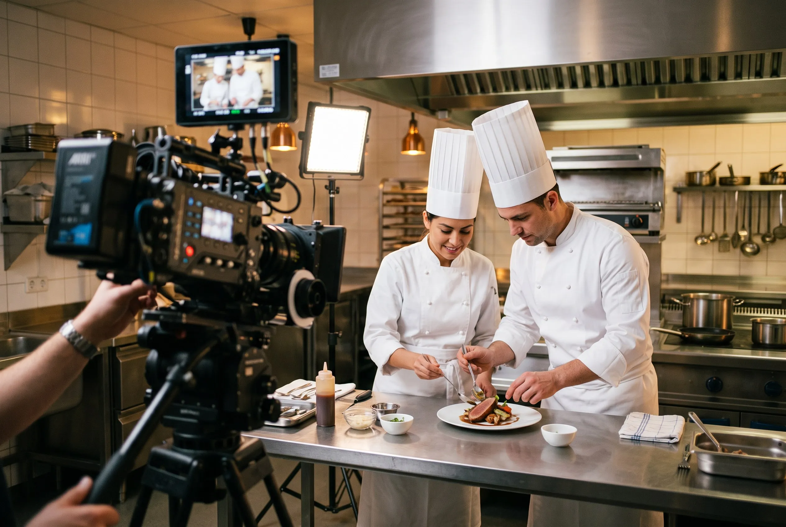 Gravação documental da rotina de preparo na cozinha