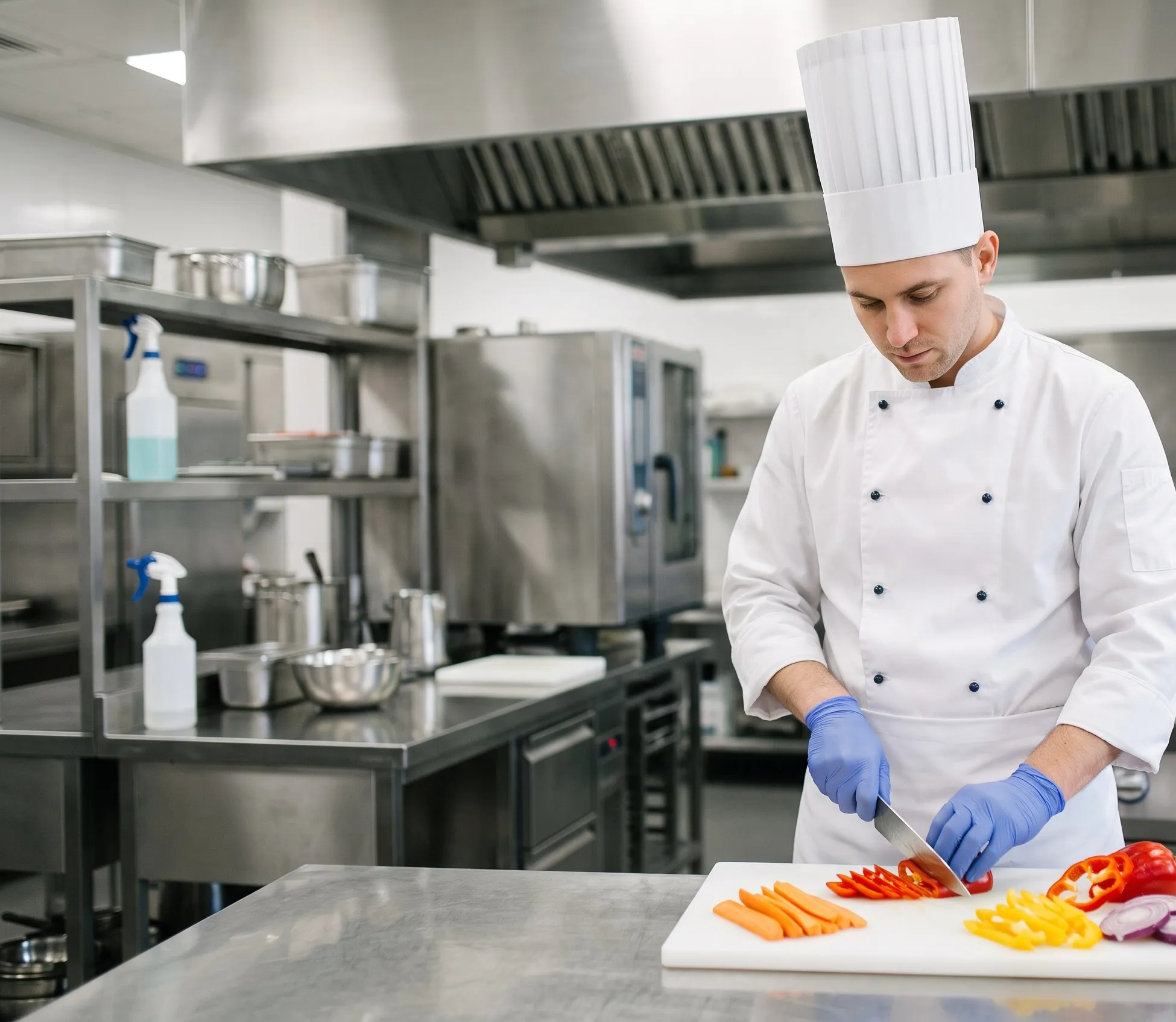 Cozinheiro de toca, avental e luvas preparando vegetais frescos
